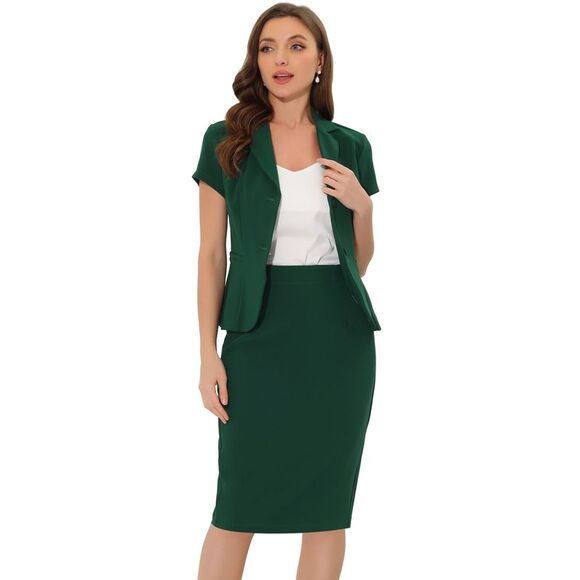 Skirt Suit Set Workwear Short Sleeve Blazer Jacket Pencil Skirt Dark Green - Picture 1 of 6